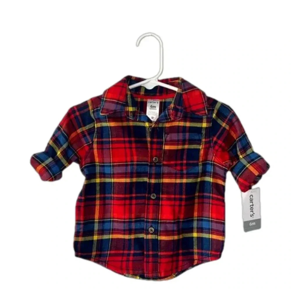 NWT Carters plaid flannel shirt size 6 months 1 pocket super cute 100% cotton